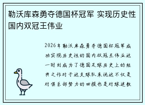 勒沃库森勇夺德国杯冠军 实现历史性国内双冠王伟业